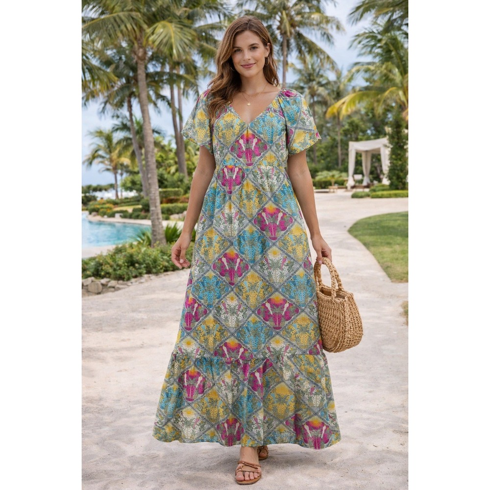 Tropical Maxi Dress Womens 12 Coastal Boho Travel Vacation Palm Fruit Bird Print